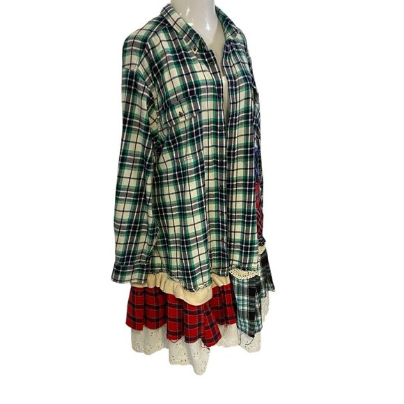 Flannel Shirt Womens 3X Duster Shacket Green Cottage Grunge Art Upcycle Peasant - Picture 7 of 16